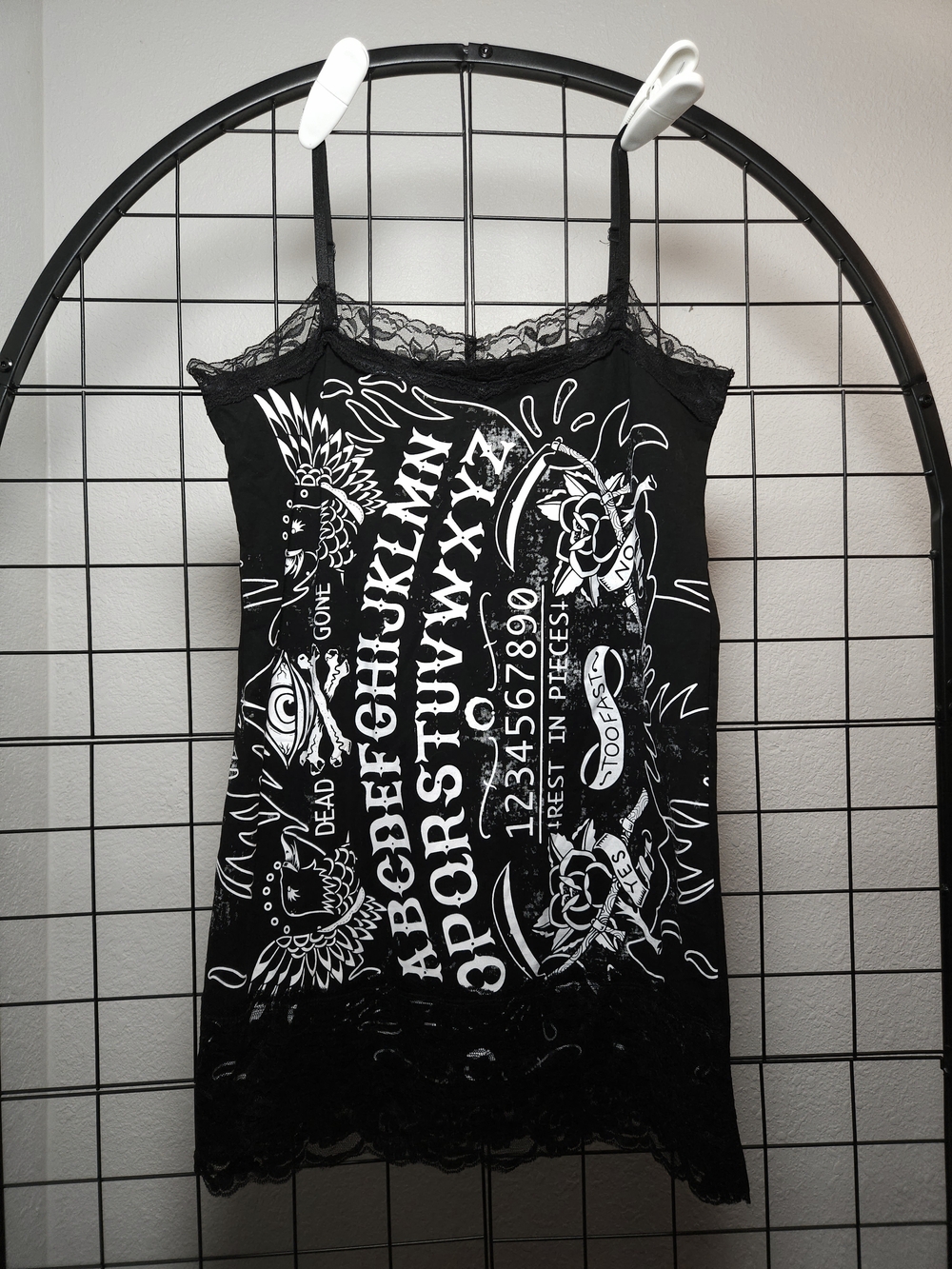 Too Fast Clothing Black Graphic Lace-Trim Cami Or Bodycon - Ouija, Goth, Occult